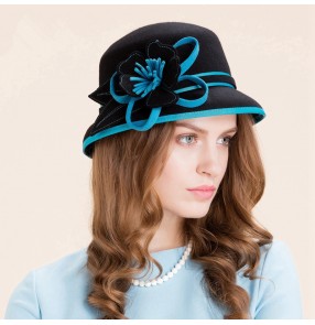 Women's turquoise and black patchwork vintage handmade 100% wool short brim party wedding fedoras