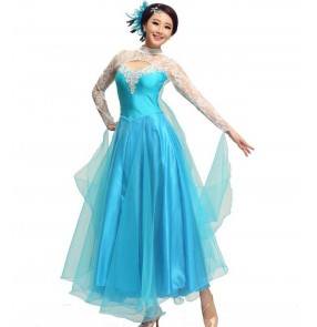 Women's turtle neck lace sleeves waltz dancing dress modern dance long length dress