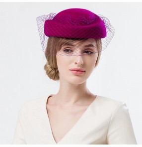 Women's veil wedding party fedoras  fashionable pillbox  hats  coral fuchsia pink red