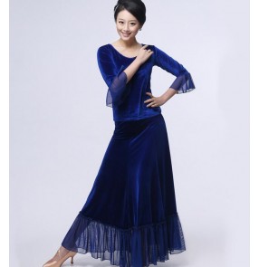 Women's velvet ballroom dance dress set top and skirt waltz dance 