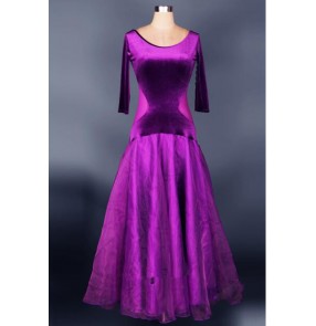 Women's velvet short sleeves long modern ballroom dancing dress violet 
