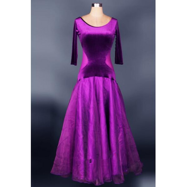 Women S Velvet Short Sleeves Long Modern Ballroom Dancing Dress Violet