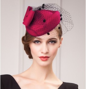 Women's vintage fascinators pillbox hat  wedding top dress hat 100% wool one size dark red