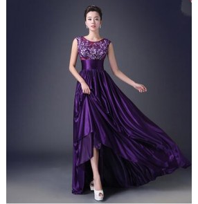 Women's violet appliques pattern A-line double shoulder long length evening dress bridals wedding party dress