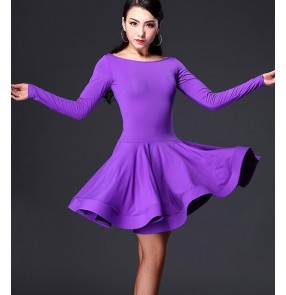 Women's violet black long sleeves latin salsa chacha dance dress M-XXL