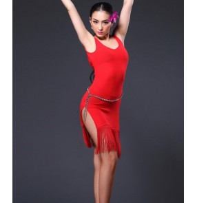 Women's violet black red color tassel side split tank latin dance dress salsa dress