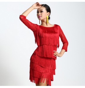 Women's violet black red long tassel long sleeves lace latin dance dress set top and skirt 