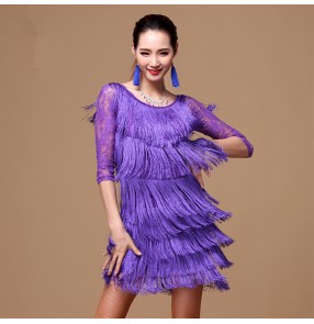 Women's violet fuchsia royal blue black tassels middle lace sleeves latin dance dresses sets top and skirts