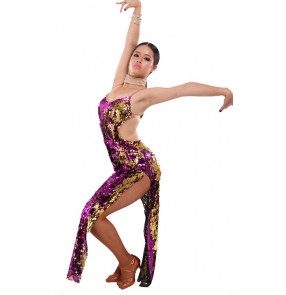 Women's violet sequined backless latin dance dress competition dance dress