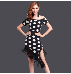 Women's white and black red polka dot printed tassel irregular hem  latin dance dress
