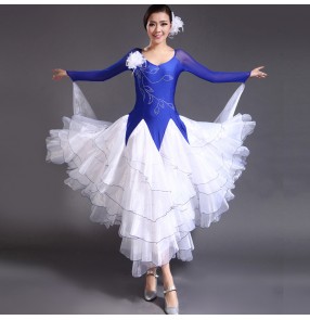 Women's white and blue patchwork big skirted diamond luxury competition exercise professional ballroom dance dres