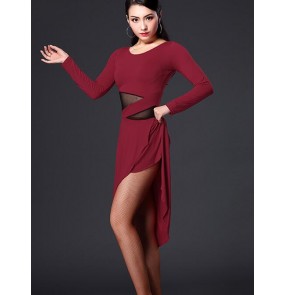 Women's wine red coffee black patchwork latin salsa long sleeves dance dress 