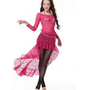Women's wine red fuchsia belly dance costume dress set lace top and skirt and leggings diamond  waistband 