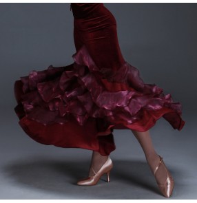 Women's wine red velvet patchwork full skirt standard waltz ballroom dance skirt