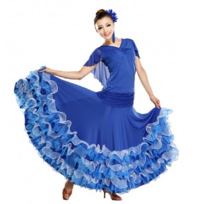 Women v neck ruffle hem skirt modern ballroom dancing set royal blue red black