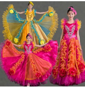 Yellow fuchsia hot pink sleeveless flower  women's ladies female big opening dancing chorus solo full skirted spanish bull dance folk  flamenco ballroom  stage performance dance dresses outfits