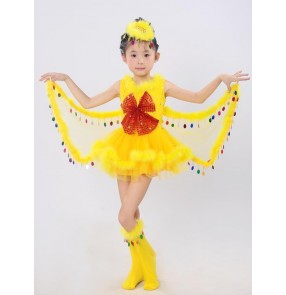 Yellow gold colored feather paillette kids child children girls toddlers practice competition stage performance birds cos play party modern dance singer ds dance costumes dresses set 