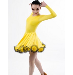 Yellow gold long sleeves swing skirted girls kids child children baby toddlers growth latin salsa cha cha rumba samba dance dresses