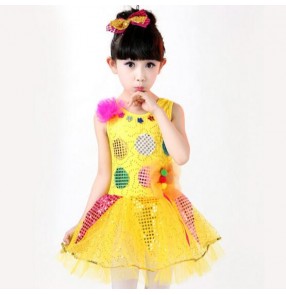 Yellow gold sequined sleeveless fuchsia hot pink girls kids child children toddlers growth gymnastics modern dance cos play princess dance jazz dj singer cheer leading dance costumes dresses