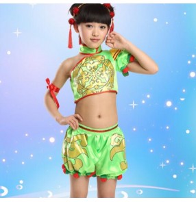 Yellow neon green red printed girls toddlers kindergarten boys child child children baby chinese folk dance modern stage performance jazz dj singer cosplay dance costumes sets