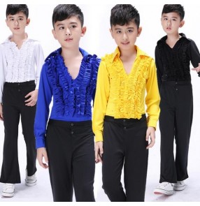 Yellow royal blue white black boys child children kids toddlers v neck long sleeves practice gymnastics competition professional latin salas cha cha ballroom waltz tango dance sets top and pants