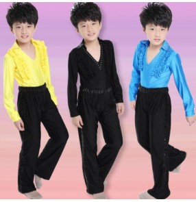 Yellow turquoise blue black boys kids child children toddlers gymnastics practice v neck rhinestones latin ballroom waltz tango dance costumes long sleeves tops and pants