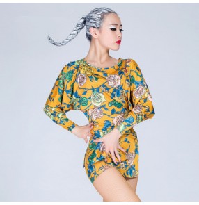 Yellow vintage floral printed black loose style fashion women's ladies female long sleeves competition performance latin samba dance tops dresses