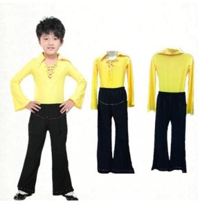 Yellow white black red v neck rhinestones long sleeves turn down collar boys kids child children toddlers growth latin sala cha cha dance split set tops and pants