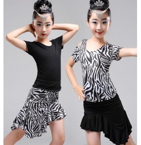 Zebra and black patchwork one shoulder short sleeves irregular ruffles hem skirt girls kids children baby stage performance school play gymnastics latin samba salsa dance dresses split sets outfits