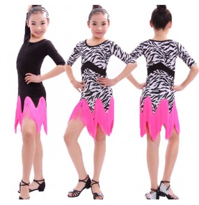 Zebra black fuchsia patchwork colored girls child children baby kids short sleeves tassels practice exercises latin dance dresses 