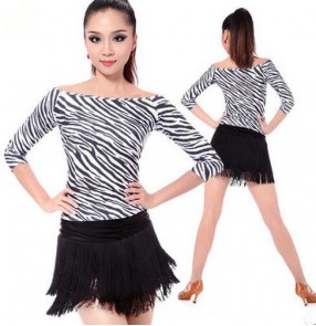 Zebra fuchsia black patchwork women's ladies female long sleeves tassels skirt competition exercises latin samba salsa cha cha dance dresses