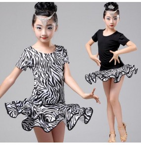 Zebra white and black printed black patchwork short sleeves split set girls kids children school play performance latin salsa cha cha dance dresses sets outfits