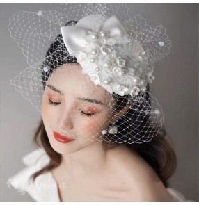 ivory French pearl wool top hat pillox fascinators hats for women girls British ladies elegant cheongsam dinner dress girls catwalk headwear headdress for kids 