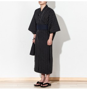 Japanese men's kimono Drama cosplay black and white striped yukata robe Japanese home clothes belt set performance yukata