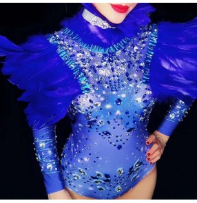 jazz dance bodysuits royal blue rhinestones Nightclub modern female songs hosted outfield dance gogo dancers stage adult treasure blue feather costumes