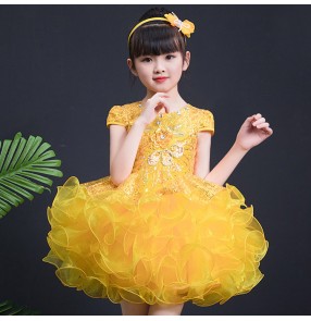 Jazz dance dresses for girls kids children yellow blue pink paillette glitter princess chorus modern dance singers host Halloween party performance dress