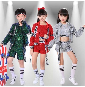 Jazz dance hiphop street dance costumes for children silver green red sequin drum dance costumes boys girls model show singers gogo dancers performance clothes