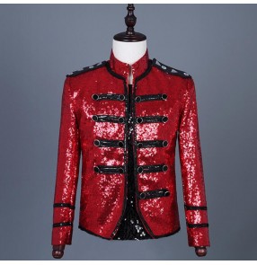jazz dance Red sequin jacket for men's male host singers punk rock jackets gogo dancers stage performance short length coats