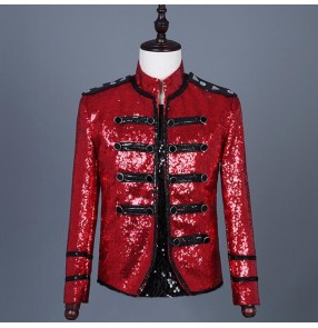 jazz dance Red sequin jacket for men's male host singers punk rock jackets gogo dancers stage performance short length coats
