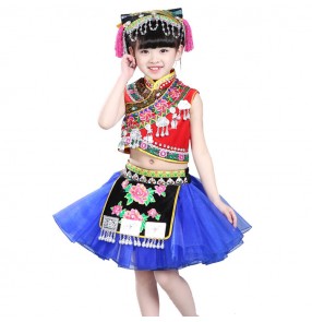 Kids ancient traditional chinese folk dance costumes for girls china miao hmong cosplay dancing tops and skirts