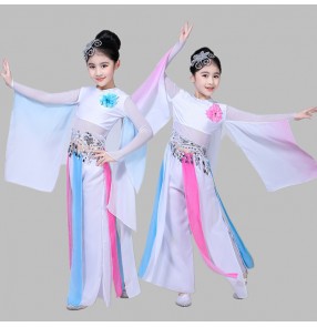 Kids ancient traditional chinese for girls white and pink folk dance costumes fairy yangko fan dancing drama cosplay classical dancing dresses