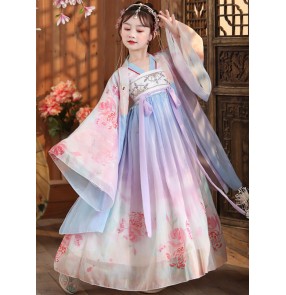 kids baby girls pink purple flowers Chinese fairy hanfu ancient folk costume princess cosplay dress guzheng Tang dynasty empress queen stage performance kimono dress