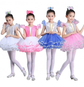 Kids ballet jazz dance dresses for girls paillette silver pink blue party photos singers ds dj cosplay princess stage performance tutu skirts modern dance costumes