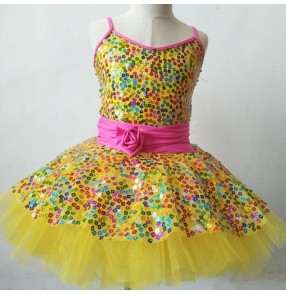 Kids ballet modern dance dresses yellow rainbow paillette jazz singers party photos school competition cocktail  birthday celebration dresses