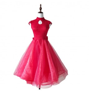 Kids ballroom dresses lace backless competition stage performance tango waltz dancing long dresses