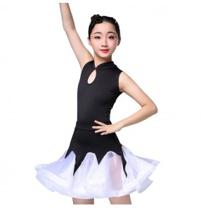 Kids black and white latin dance dresses girls stage performance exercises salsa rumba chacha dancing costumes