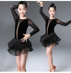 Kids black velvet tassels latin dance dresses children salsa rumba samba latin dance cotumes dress