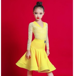 Kids black yellow lace latin dance dresses competition ballroom salsa rumba chacha dance dress latin dance costumes for girls