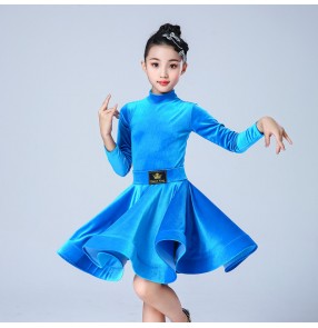 Kids blue black pink velvet long sleeves latin dance dresses salsa rumba chacha dance dress for children latin dance costumes