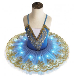 Kids blue colored led light ballet dance dresses children modern dance tutu skirts stage performance ballet dress